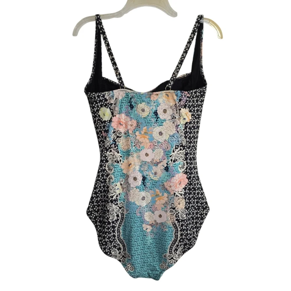 Johnny Was Mila Moody Floral Ruched One-Piece Swimsuit 1X Flattering Square Neck - Picture 5 of 10